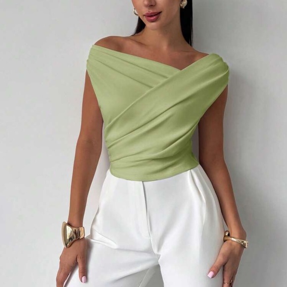 Elegant Mint Green Off-Shoulder Asymmetrical Neck Blouse